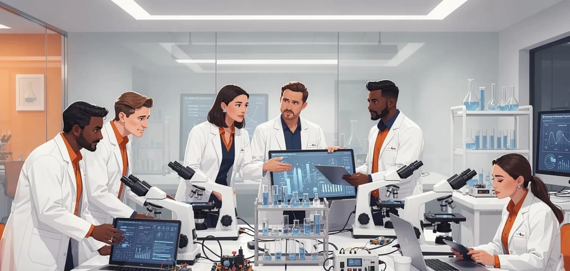 Equipo de investigadores I+D+i trabajando en un laboratorio de innovación empresarial