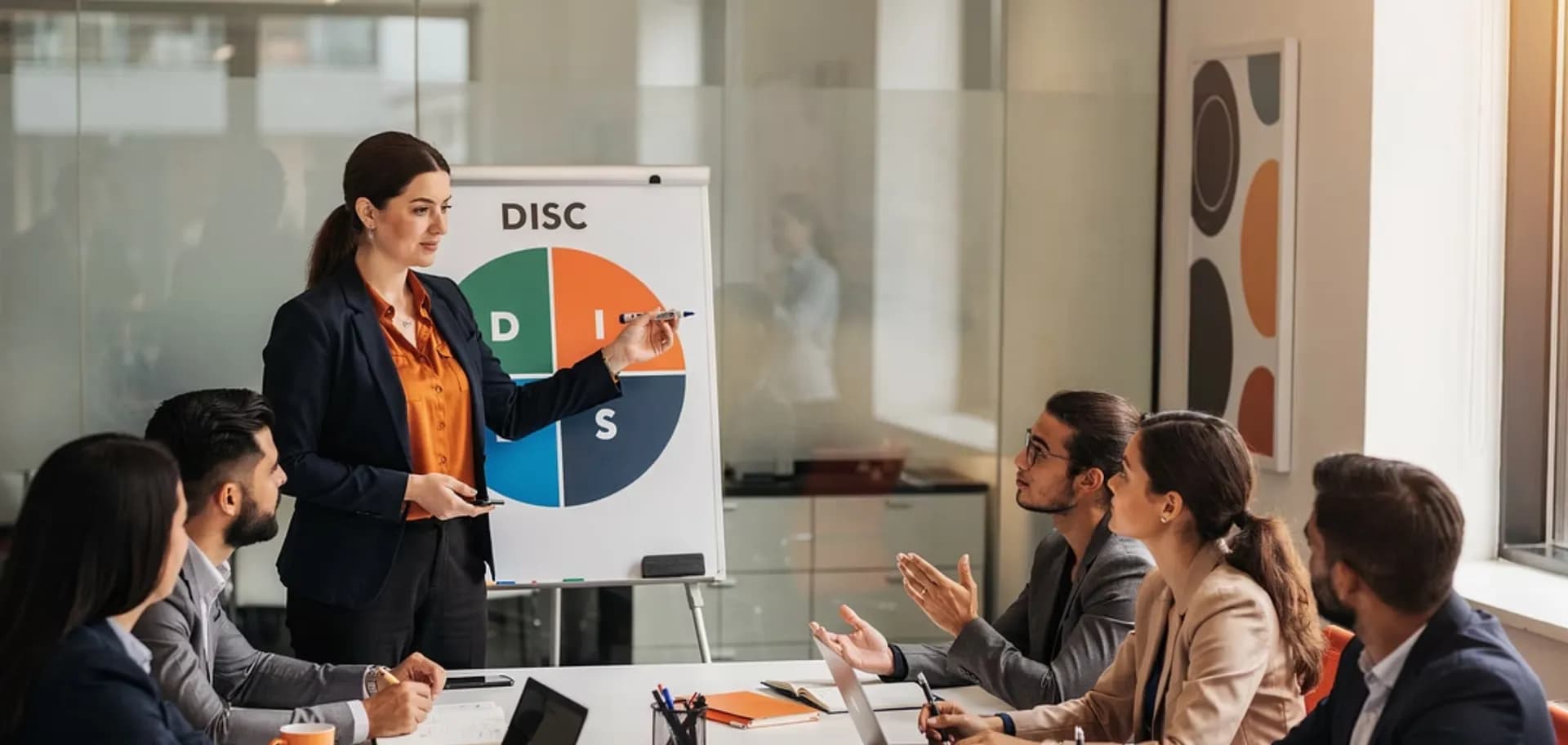 Equipo empresarial en sesión de gestión del cambio organizacional con metodología DISC