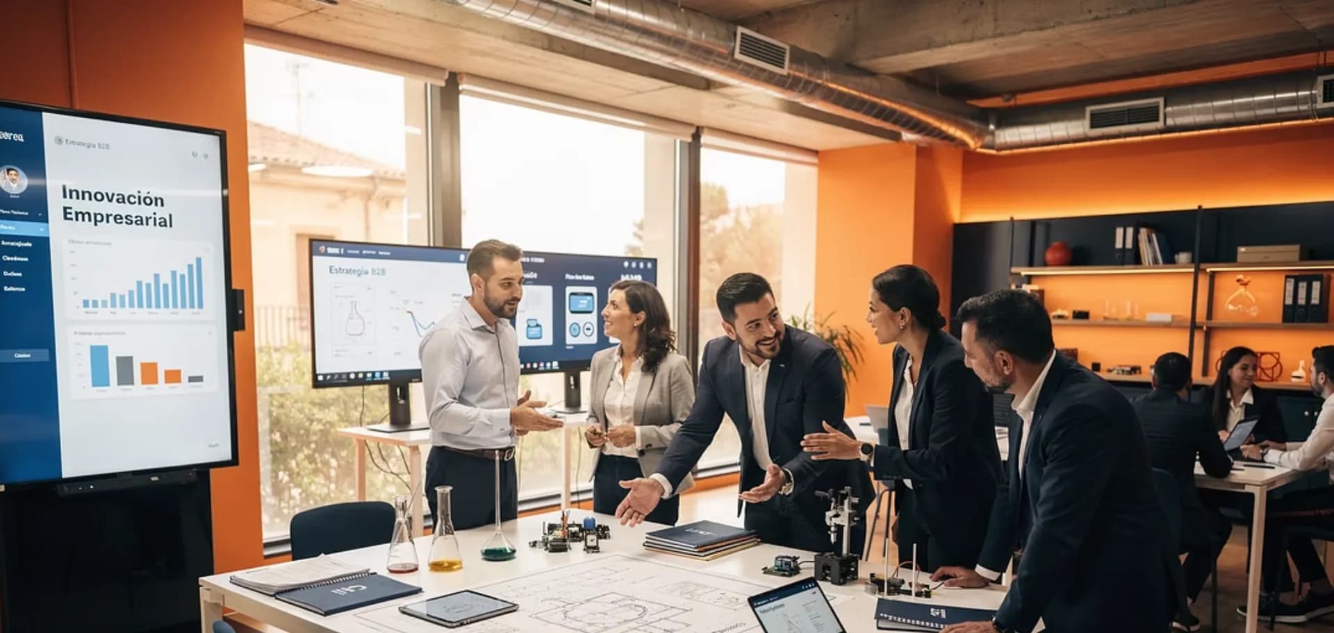 Equipo de innovación trabajando en nuevos productos y procesos en un laboratorio empresarial