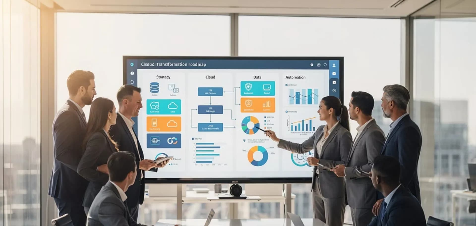 Consultores de transformación digital analizando procesos empresariales con tecnología avanzada